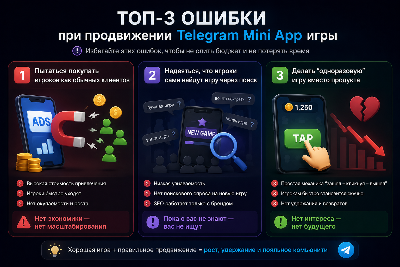 ТОП-3 ошибок, которые не стоит делать при продвижение Тг игр