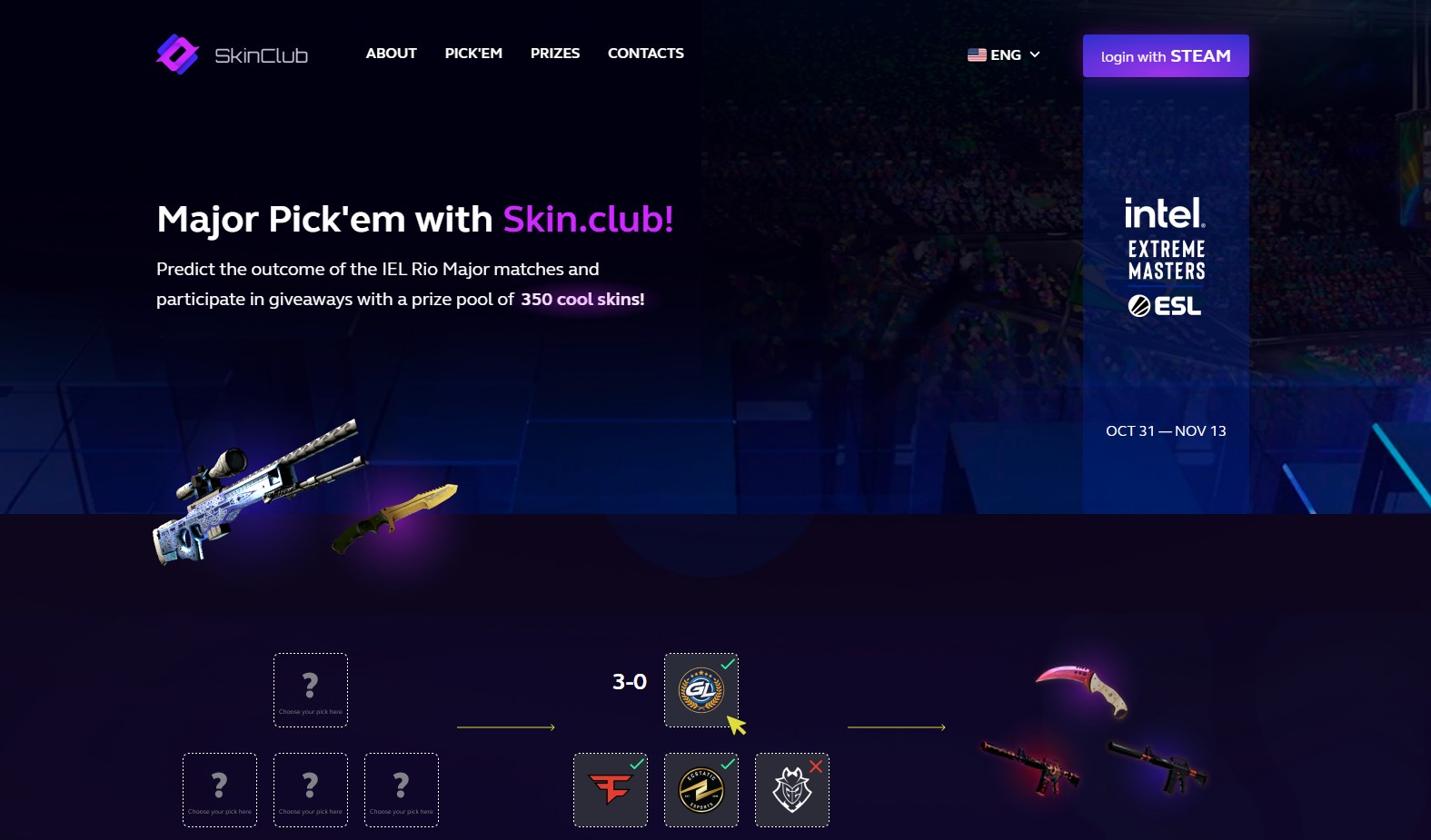 Пример главной Pick\'em для Skin.club на Major Global Offensive 2022
